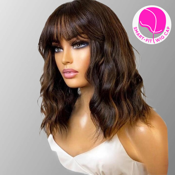 Smart-Fit Cap Pull Go Brown Highlight Loose Wavy 13x5 Pre Cut Lace Bob Wigs With Bangs Glueless Wigs 20 reviews Regular