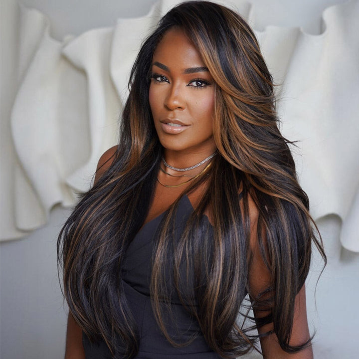 Highlight Brown Curtain Bangs Layered Wavy 13x5 Lace Pull Go Wig Glueless Human Hair Wig 19 reviews Regular price $319.9