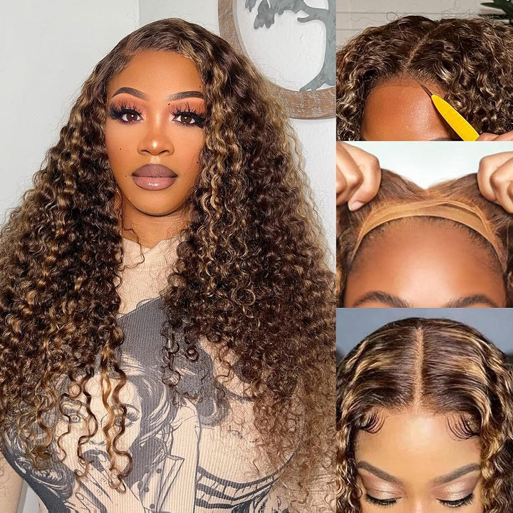Highlight Honey Brown Curly Pre Cut 5x6 Lace Human Hair Wig  display picture 3