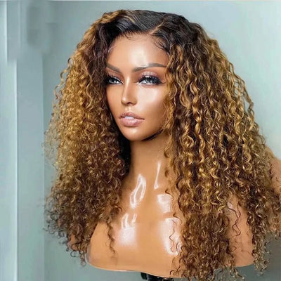 Ombre Honey T1B/27 Curly 13x4 Frontal Wig Glueless Human Hair Wig Flash Deal