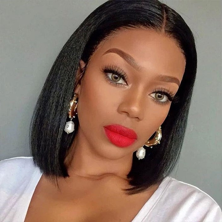 Thin V Part Wig Short Bob Kinky Straight Human Hair Without Leave Out ...