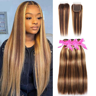 TP4/27# Colored 3 Bundles Hair Weaving With 4X4 Lace Closure