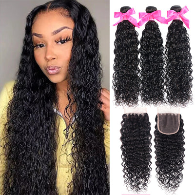 Brazilian Virgin Hair Bundles With Closure Water Wave Hair Closure With Bundles Water Wave Sew In With Closure