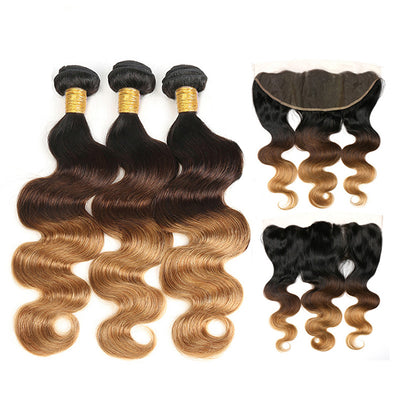 Ombre Bundles With Frontal Body Wave Human Hair Weave Bundles With Frontal T1B/4/27
