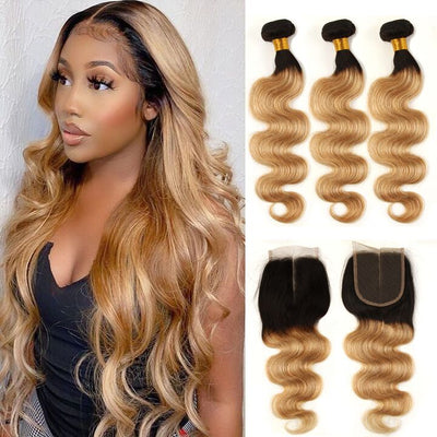 Ombre Bundles With Closure Body Wave Human Hair Weave Bundles With Lace Closure T1B/27